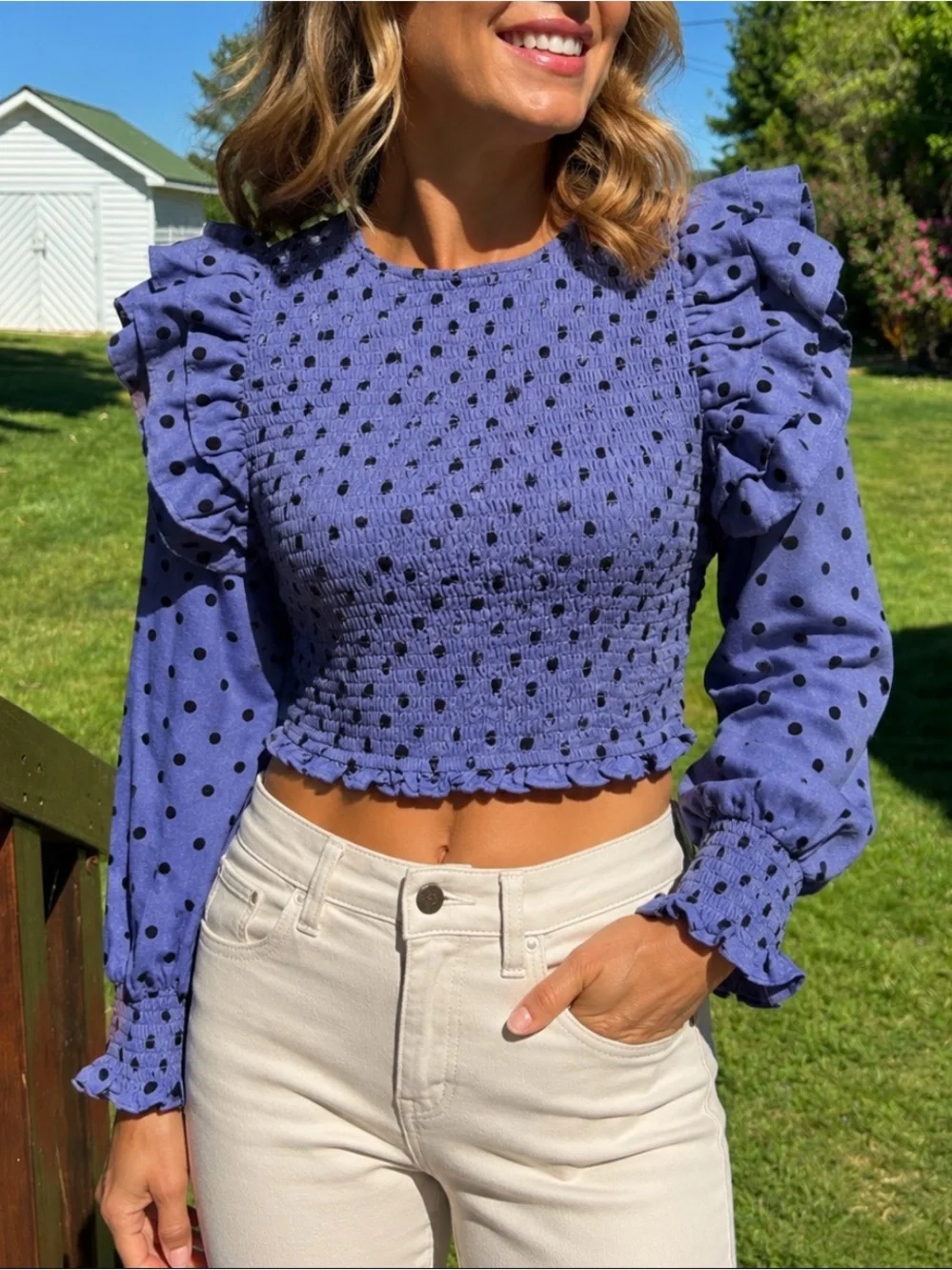 Zara Smocked Periwinkle Blue/Black Polka Dot Ruffle Sleeve Crop Top Small